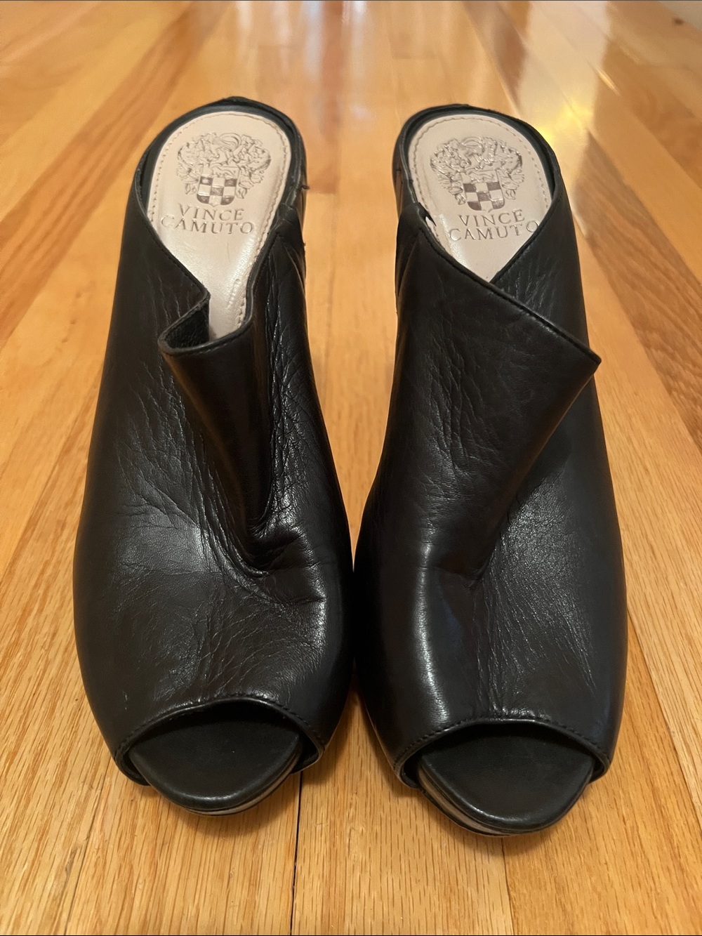 Vince Camuto Black Leather Peep-Toe Slip-On Mules